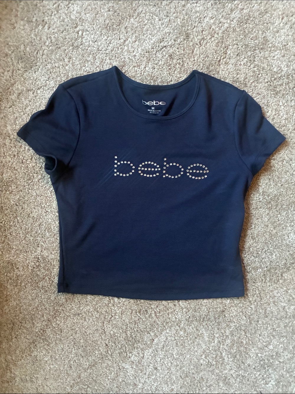 bebe Navy Cropped Tee with Rhinestone Logo